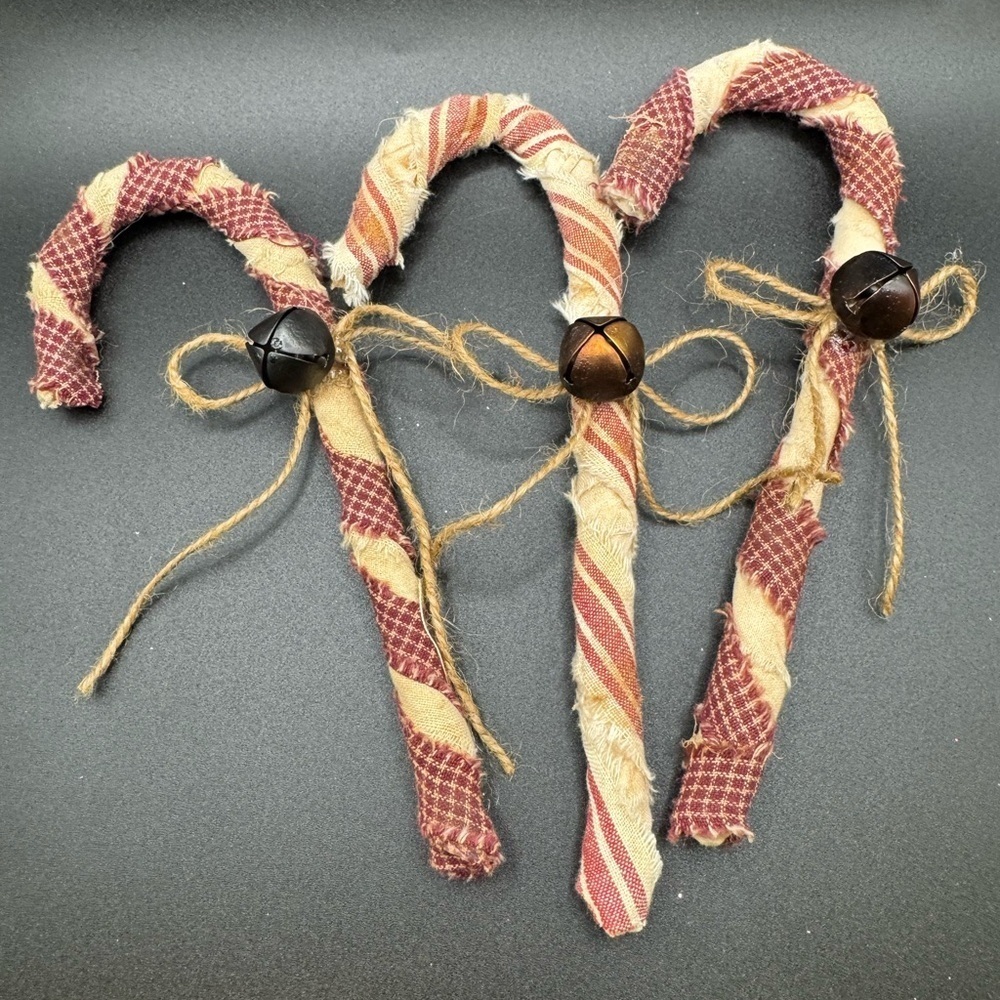 New OOAK Handmade Primitive Distressed Candy Canes with Bells Christmas Decor